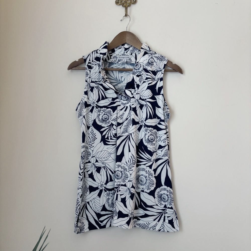 La Mer Luxe Blue Floral Ruffle Tank Top Small Resortwear Summer